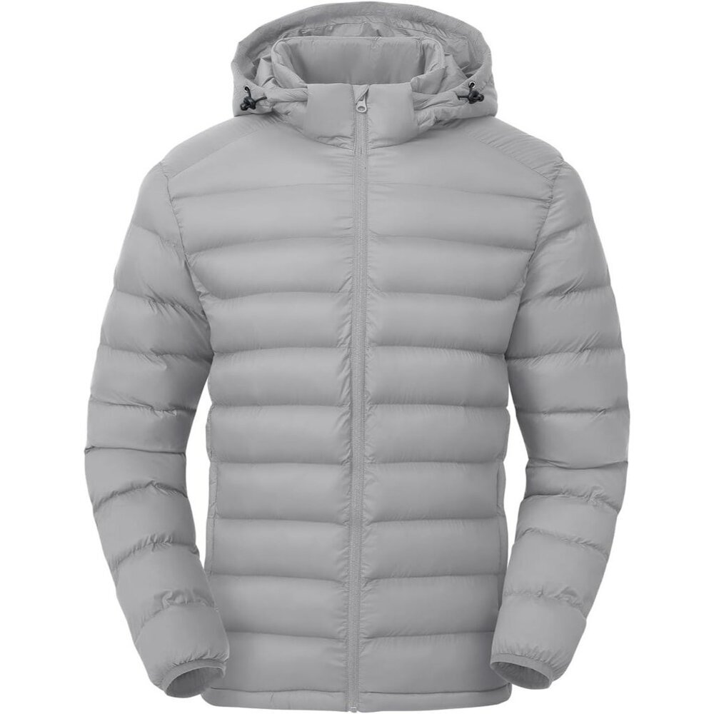 Men’s Light Gray 100% Nylon Hooded Zip-Up Lightweight Warm Winter Puffer Jacket